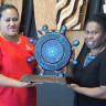 Handover of the PacWIMA plaque by Outgoing Chairperson, Ms Dinah Omenefa, PNG to incoming Chairperson, Ms Meliame Tu'alau, Tonga